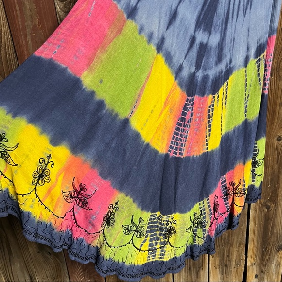 India Boutique Colorful Tie Dye Embroidered 70s Hippie Flowy Tent Dress Free Sz - Picture 7 of 11